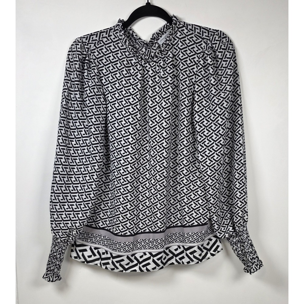 Carolina Belle Montreal Geometric Print Long Sleeve Smocked Cuff Blouse Small